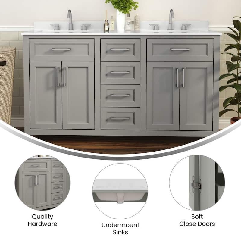 Bathroom Vanity with 2 Sinks, 2 Storage Cabinets, and 6 Drawers - 18.5"D x 60"W x 37.5"H