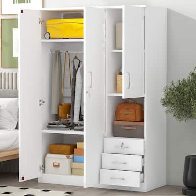 2-Doors Wooden Wardrobe Storage for Bedroom, with Shelves and 3 Drawers