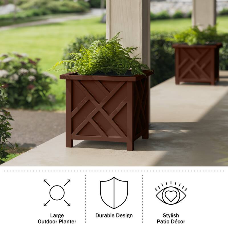 Lattice Design Planter Box - 15.5-Inch-Square Decorative Outdoor Flower or Plant Pot by Pure Garden (Brown)