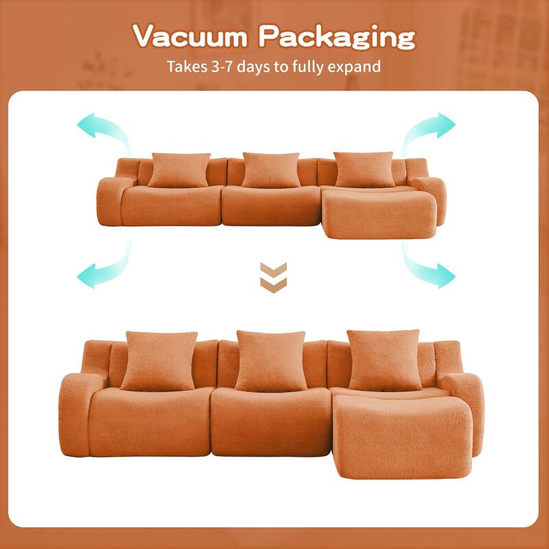 115.3" L-Shaped Boneless Sectional Sofa with Ottoman, Curved Armrests, Teddy Fabric Floor Upholstered Sofa for Living Room