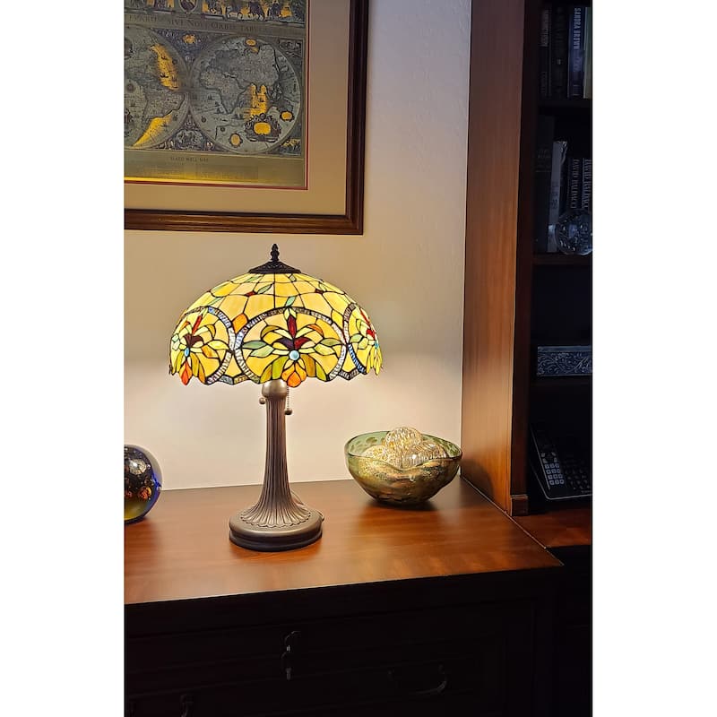 Tiffany Style Table Lamp 23" Tall Stained Glass Tan Orange Floral Flower Decor Bedroom Handmade Gift Amora Lighting