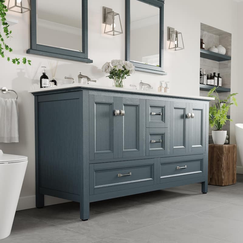 Eviva Britney 60"W Ash Blue DS Bath Vanity with Carrara Quartz Top