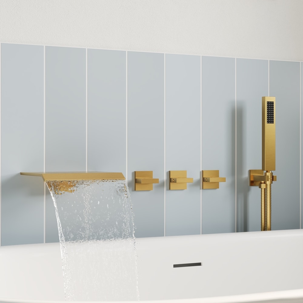 GRANDJOY Wall Mounted 3-Handle Tub Shower Faucet with Handheld Shower and Waterfall Tub Spout