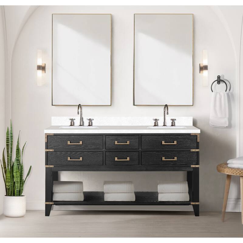 Norwalk 60 in W x 22 in D Black Oak Double Bath Vanity, White Quartz Top, and 28 in Mirrors