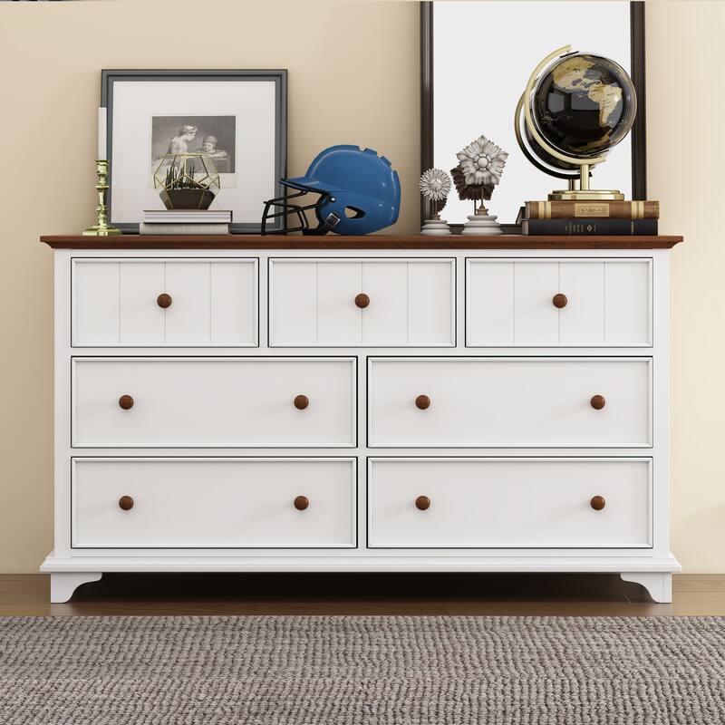 Roomfitters Wooden Captain Seven-Drawer Dresser, Stylish Storage for Bedroom, Living Room, Kids' Room, White and Walnut - White+Walnut