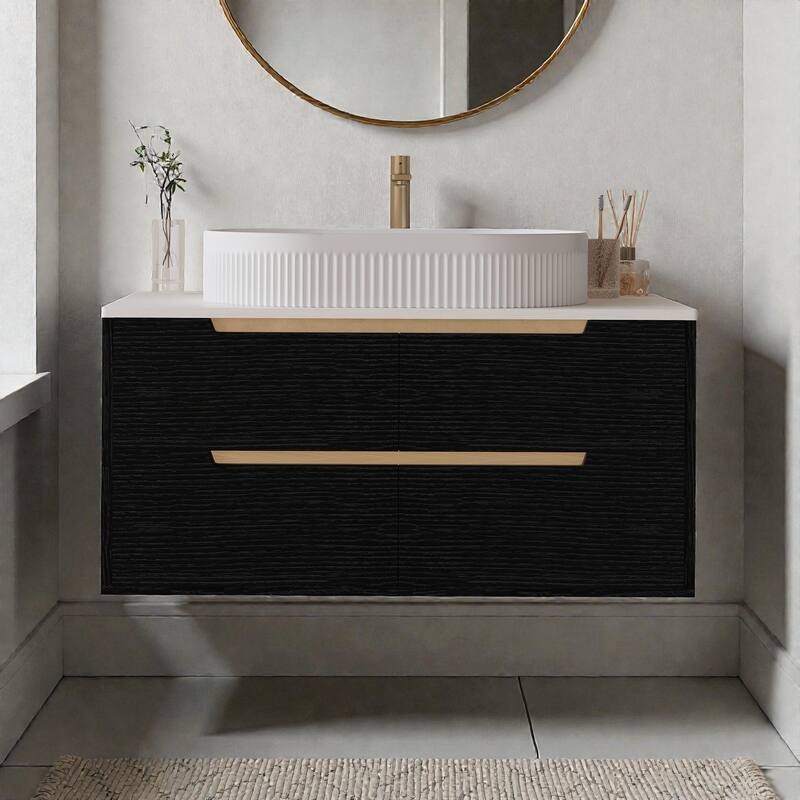36" Bathroom Vanity with Integrated Ceramic Sink, Freestanding or Wall Mounted, 4 Soft-Close Drawers & Adjustable Metal Legs