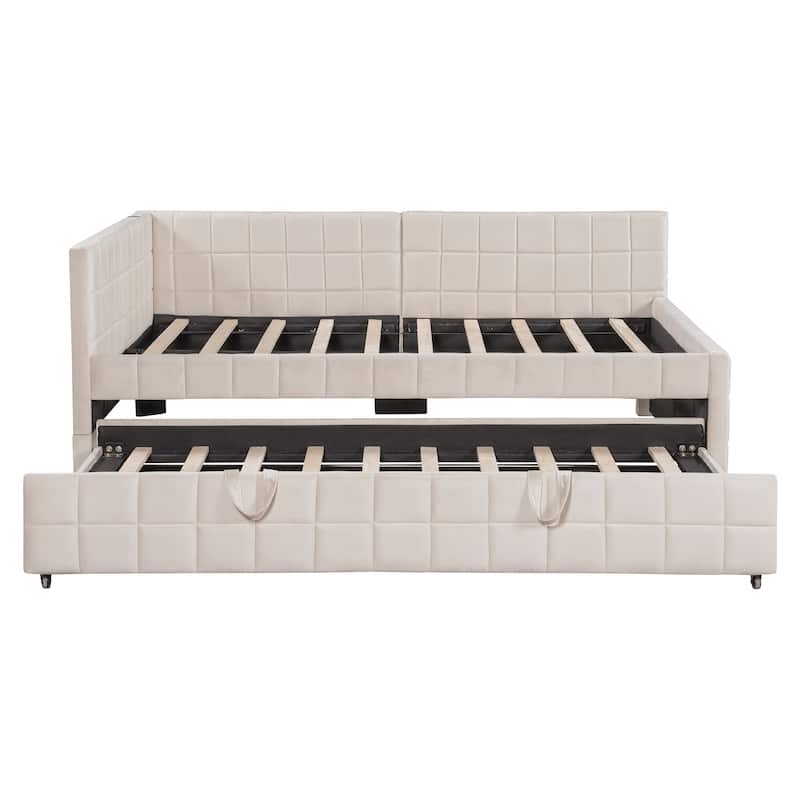 Full Size Daybed with Pull-Out Lift-Up Trundle, Upholstered Daybed Platform Bed with Stripes L-Shaped Backrest and Wood Slats