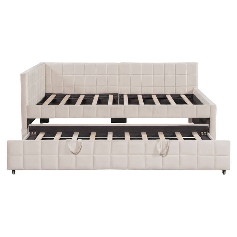Roomfitters Full L-Shaped Upholstered Daybed with Twin Pop-Up Trundle and Built-In USB Ports
