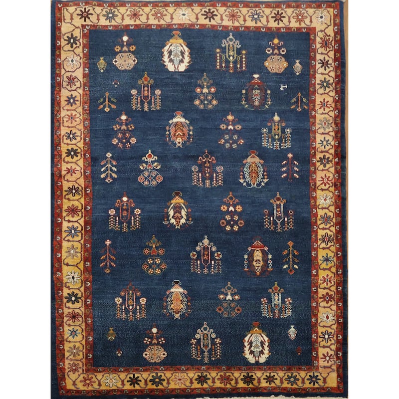 Hand Knotted Oriental 100% Wool Carpet Traditional Tribal Navy Blue & Blues Gabbeh (Qashqai) Area Rug - 6' 7'' X 4' 11''