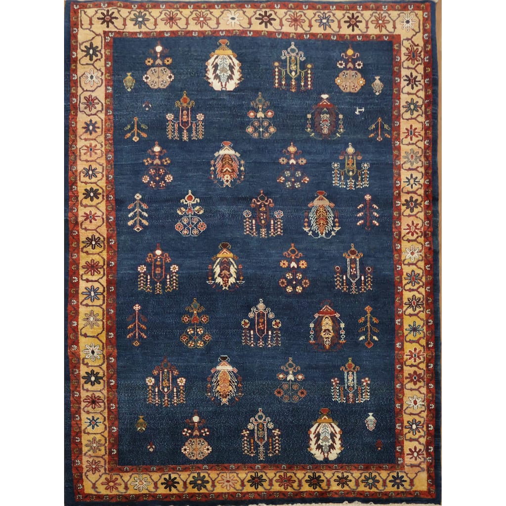 Hand Knotted Oriental 100% Wool Carpet Traditional Tribal Navy Blue & Blues Gabbeh (Qashqai) Area Rug - 6' 7'' X 4' 11''