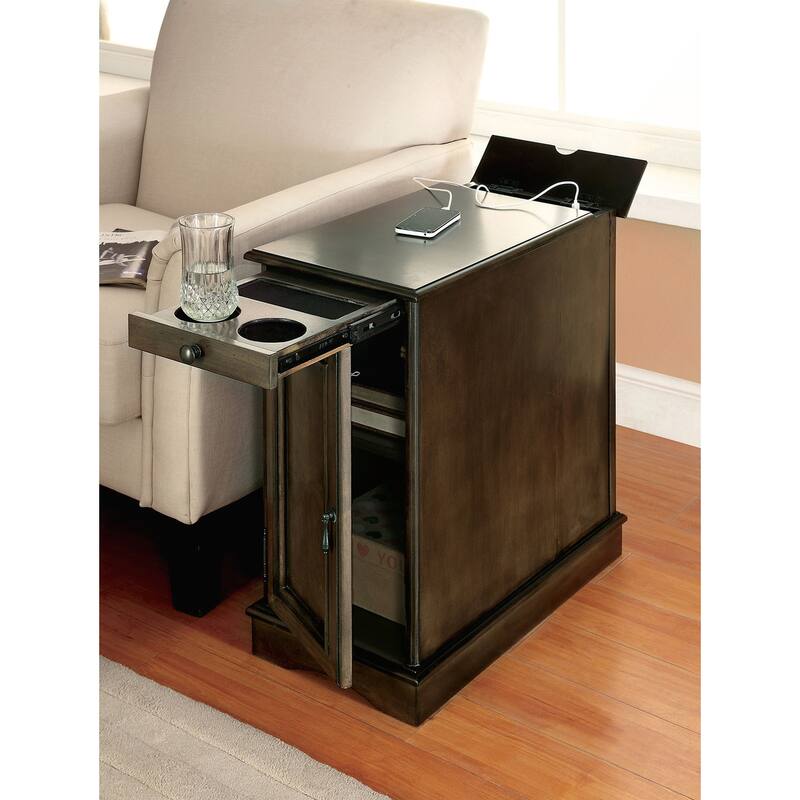 Transitional Side Table with Pull-Out Cup Holder and Built-In USB Outlet