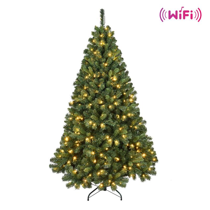 Smart Pre-Lit Artificial Christmas Tree - WiFi Music Sync, App Control, Dual-Color LED Lights, Metal Stand - Green