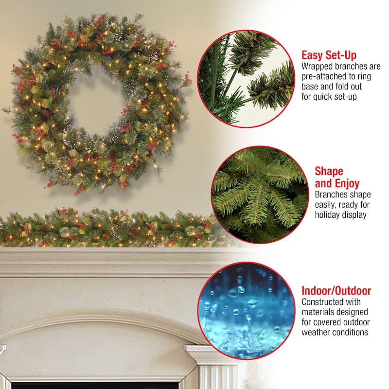 National Tree Company 4 ft. Wintry Pine Wreath with Clear Lights - 48 inches diameter x 7 inches deep