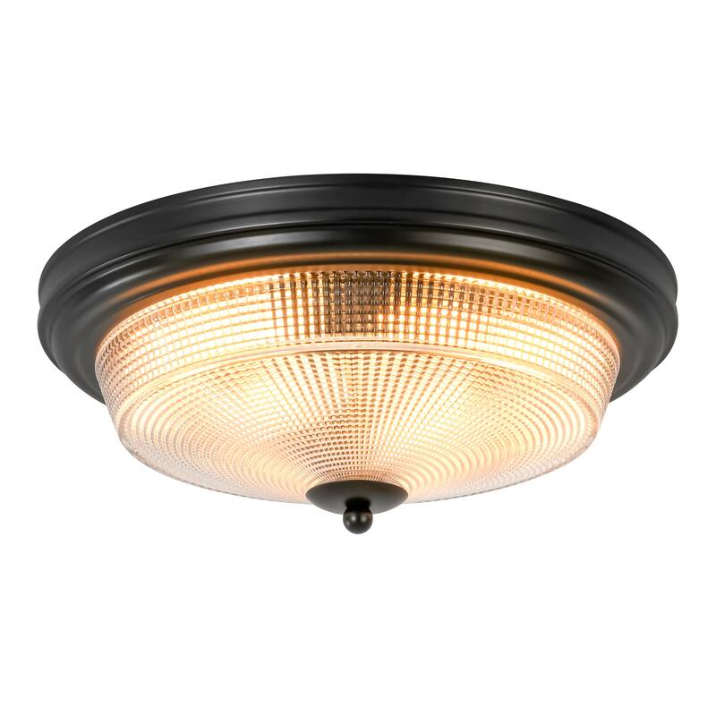 2-Light Modern Vintage Black Cone Textured Prismatic Glass Flush Mount Light - 14.5 in. W x 6.6 in. H