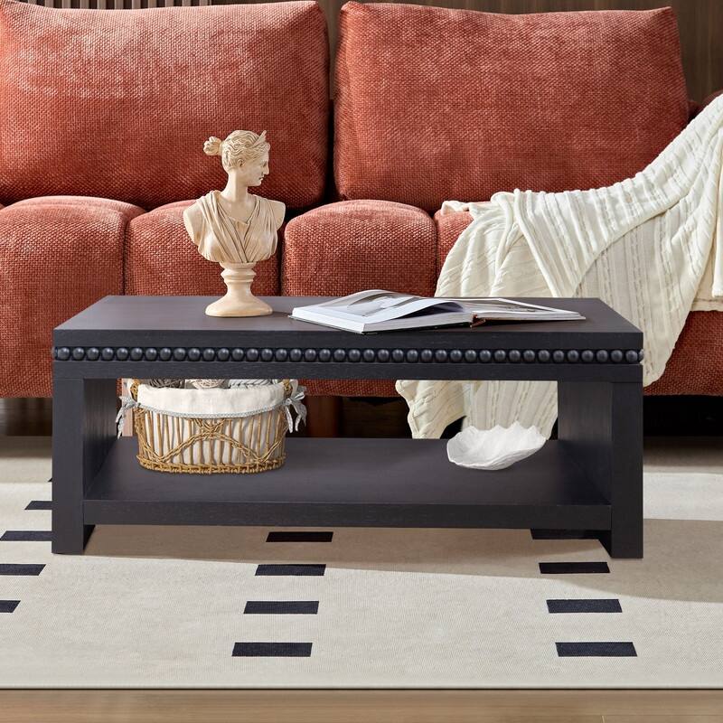 Modern Wood Coffee Table with Beaded Trim and Open Storage Shelf for Stylish Living Room Decor - Black