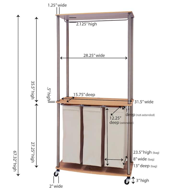 Household Essentials Laundry Center with Wheels and Hanging Rod - 17.3"L x 31.5"W x 67.3"H