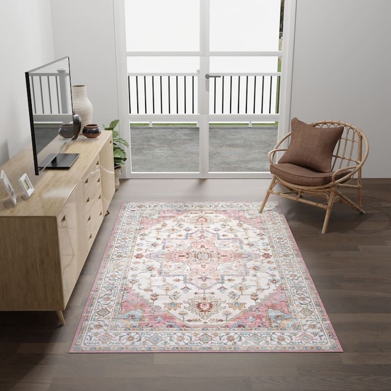 Licensed HGTV Everyday Chic Soft Flannel Zero Pile Printed Non-Slip Washable Indoor Area Rug - Zahra Pink - 5'x7'