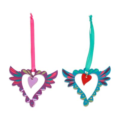 Novica Handmade Winged Heart Wood Ornaments (Pair)