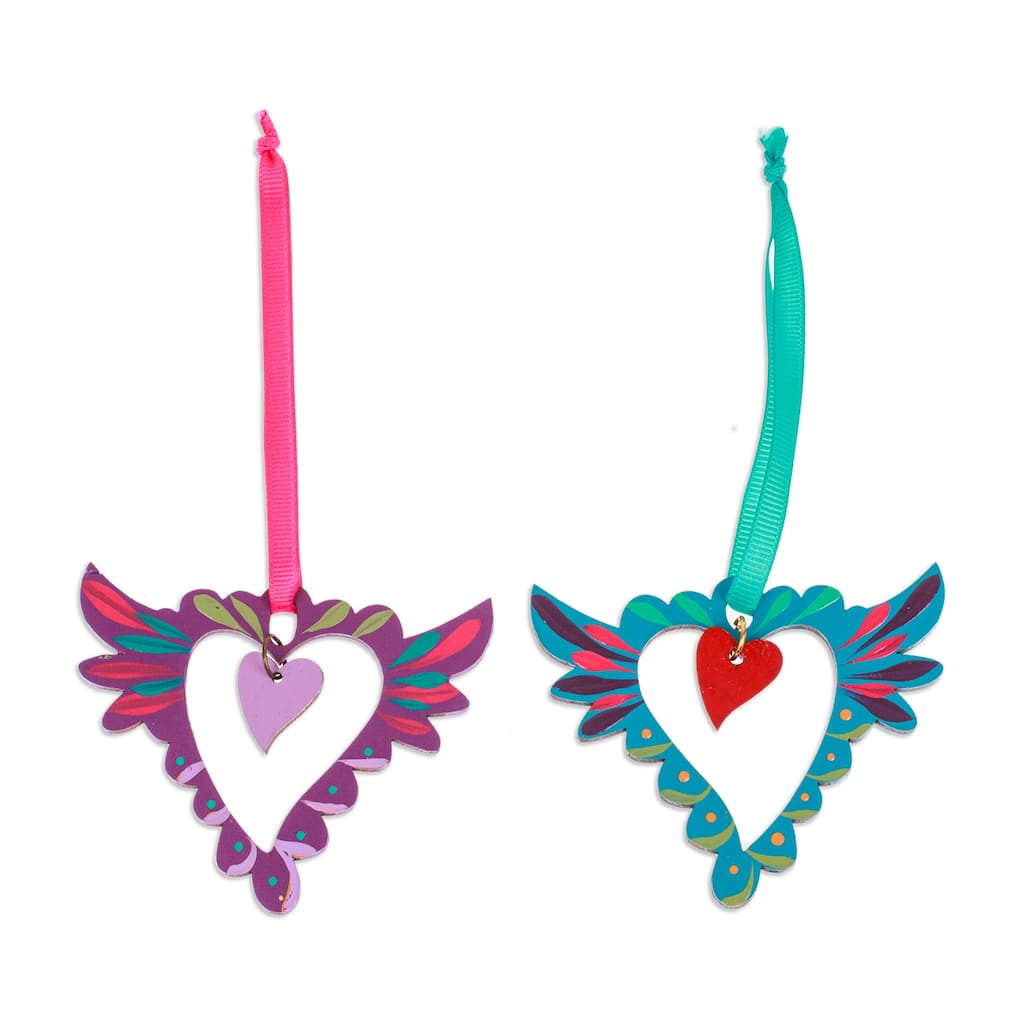 Novica Handmade Winged Heart Wood Ornaments (Pair)