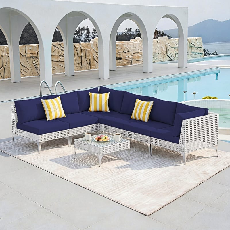 FINCATI Modern Patio Furniture Set with Table, Outdoor Wicker Sectional Seating Group With Cushions - 7 PCS-Navy Blue