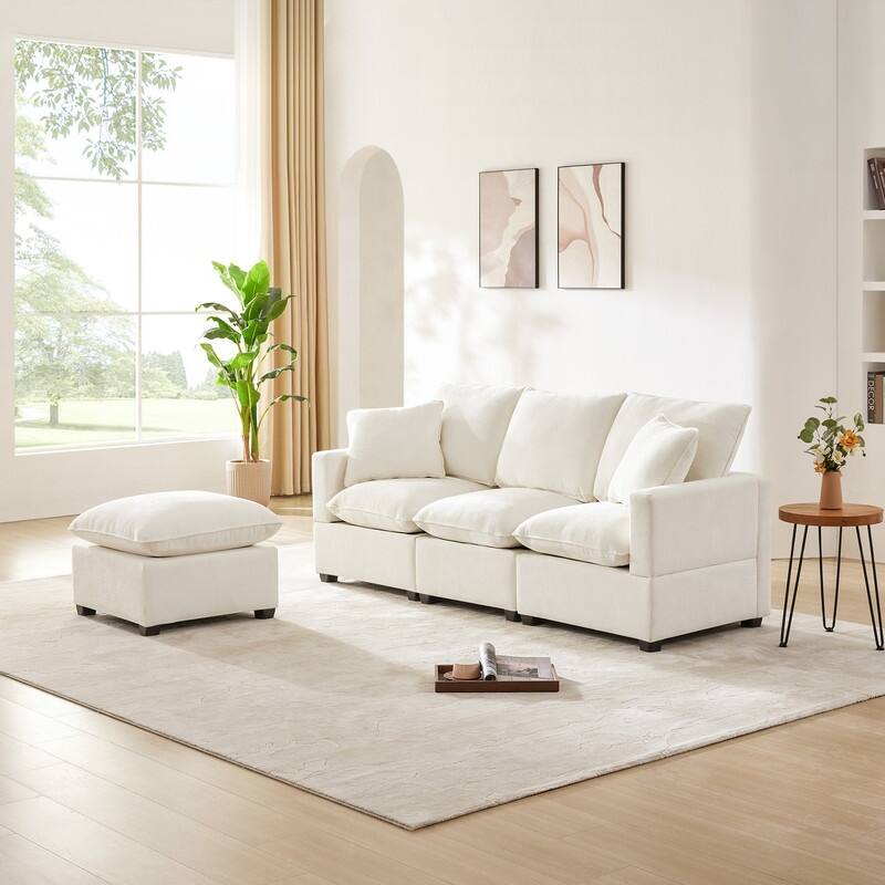 Modern Chenille Multi-Seat Sectional Sofa - 3Seat+1Ottoman - White