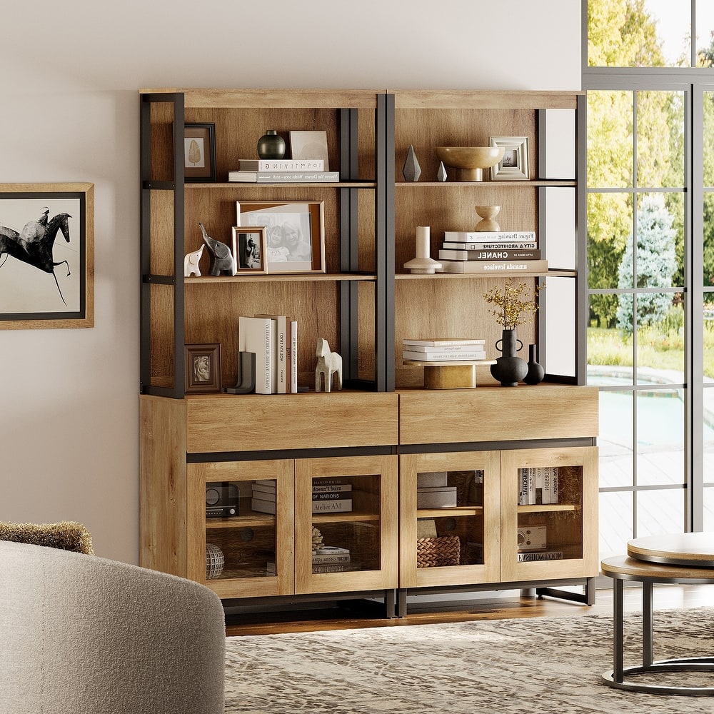 2 PCS Modern 72" Tall Bookcase with 2 Drawers and Open Book Shelfs for Home Office, Living room.