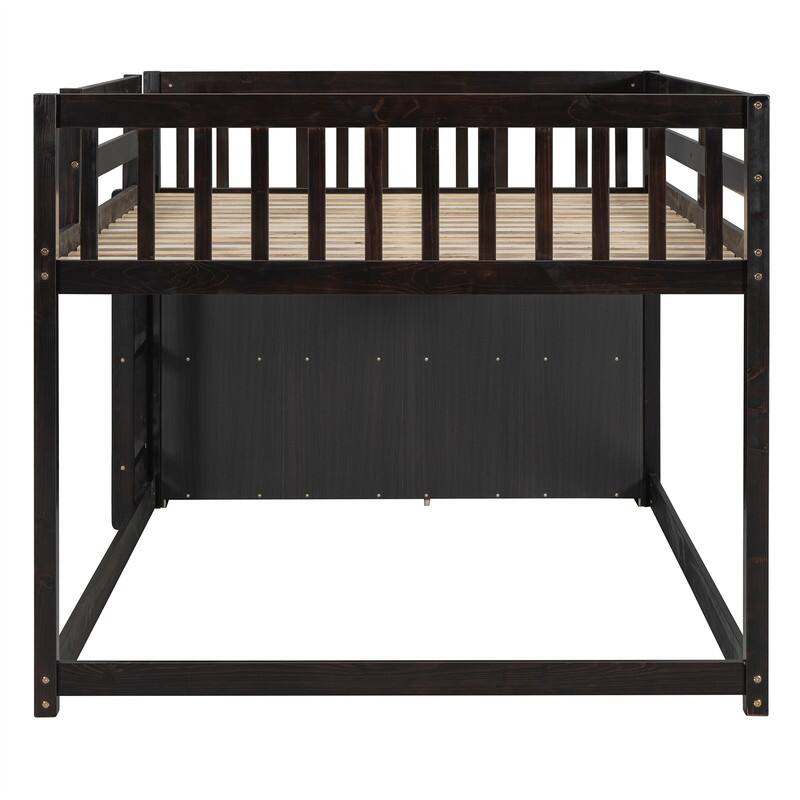 Twin Over Twin/Full Over Full Floor Bunk Bed with Drawers and 3 Storage Shelves, Solid Wood Low Bunk Bed Frame with Ladder