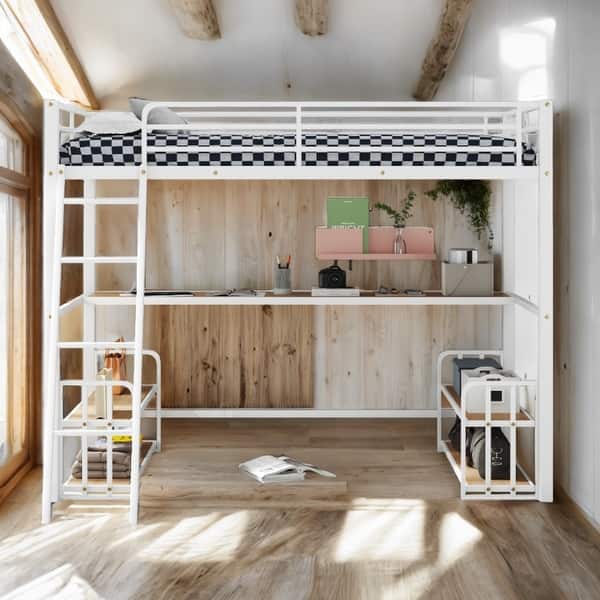 slide 2 of 15, Space-saving Metal Twin Kids Bed Loft Bed with Desk,Storage Shelves and Charging Station White