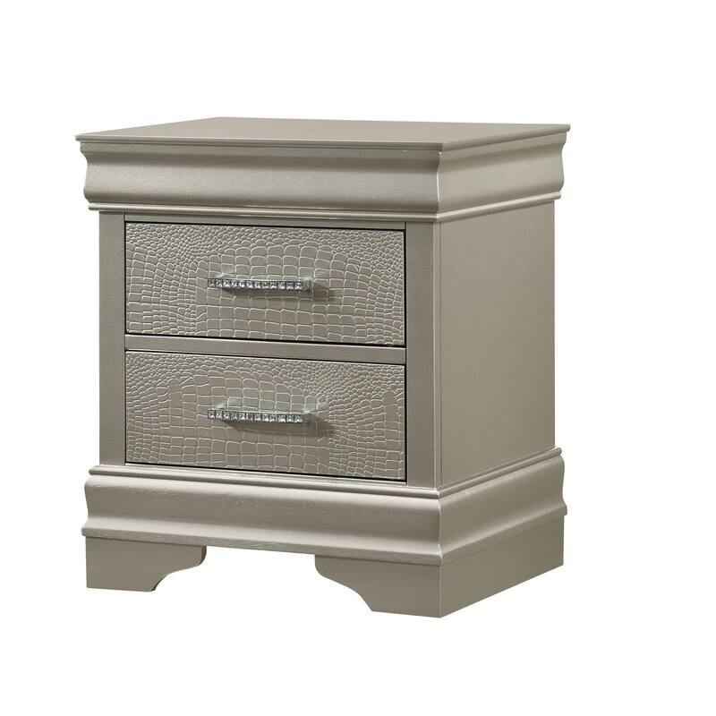 1pc Modern Glam Style Two Drawers Nightstand Solid Wood Crystal-Like Diamond Tufted Crocodile Texture Bedroom Furniture