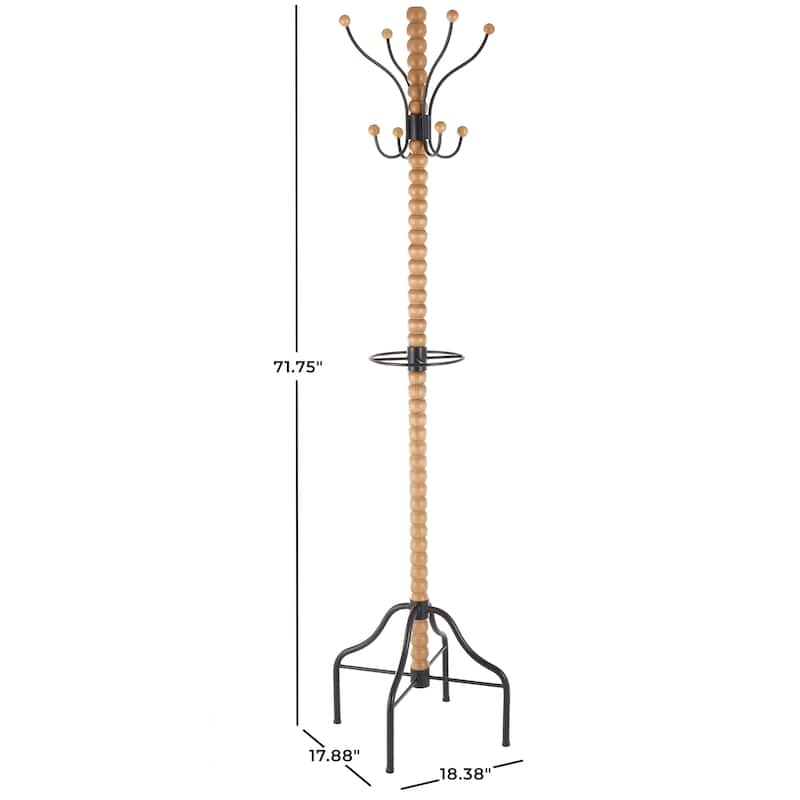 Wood Spindle 8 Hook Coat Rack with Black Metal Accents and Beaded Ends - Brown - Roche River Decor