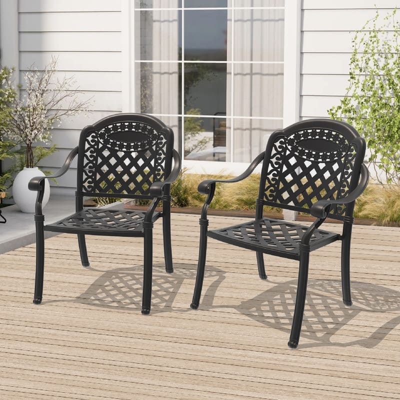 Black Stackable Cast Aluminum Patio Outdoor Dining Chairs With Seat Cushions