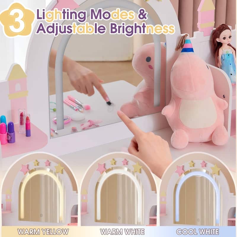 Kids MDF Vanity Table Set In White And Pink With 1 Drawer And Storage Rack - N/A