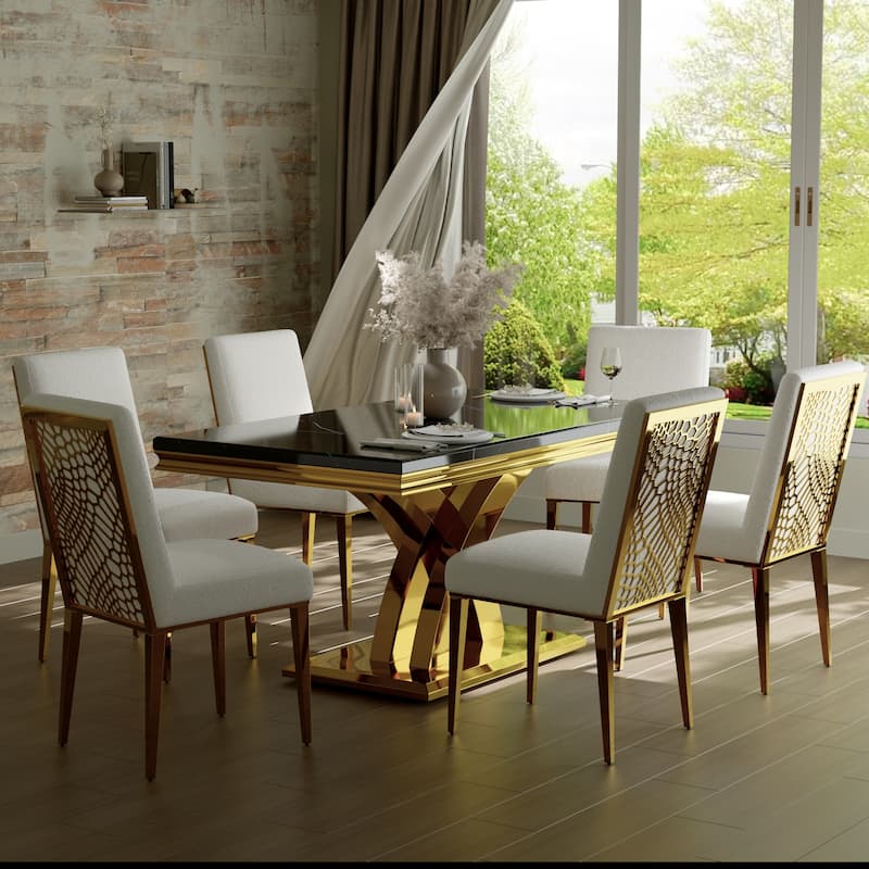 65 inch Faux Marble Dining Table Set with Boucle Dining Chairs - Black and White - Table with 6 Chairs