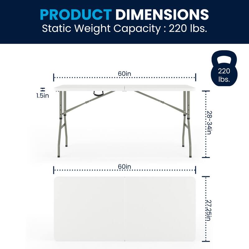 30"W x 60"L Adjustable Bi-Fold Granite White Plastic Table with Carrying Handle