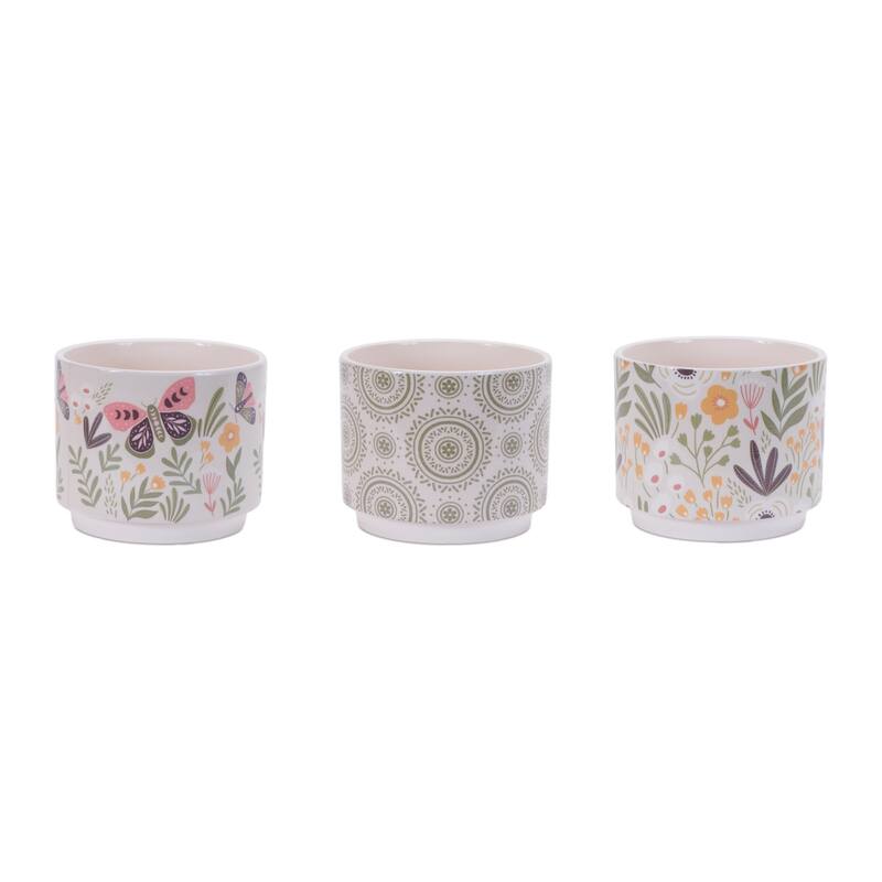 Floral and Mandala Dolomite Planters - 5" - White - Set of 3