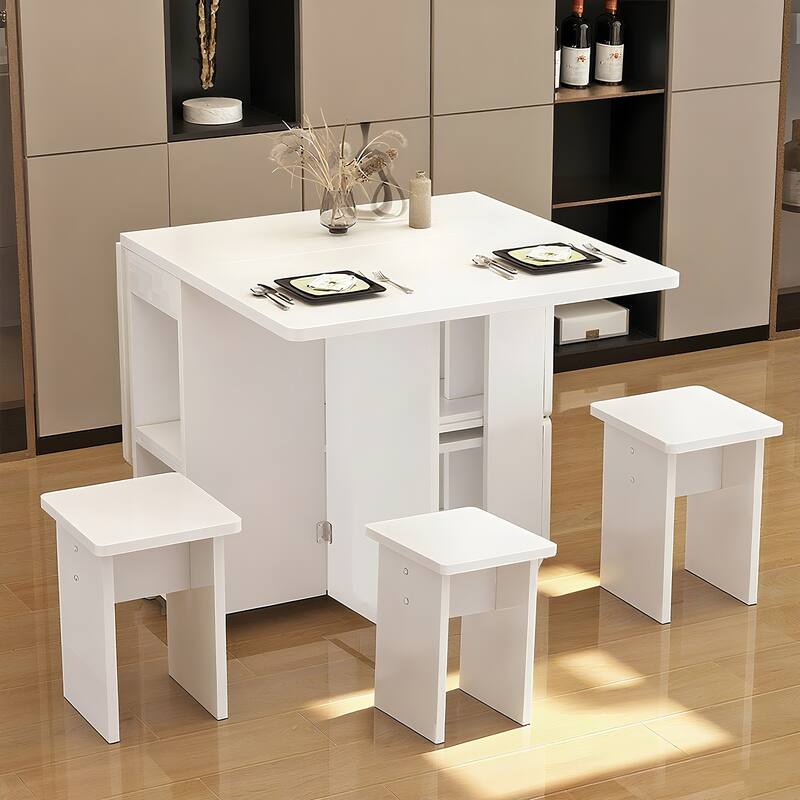 4-Person Drop-Leaf Dining Set‌ – Foldable Table + 4 Chairs, 47.2" x 23.6" x 30.3", White with Storage & 6 Wheels