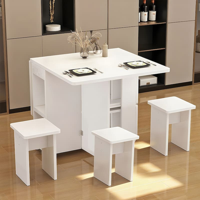 Folding Drop Leaf Dining Table Set for 4 with 4 Chairs, Space Saving Foldable Dining Table with Storage and 6 Wheels