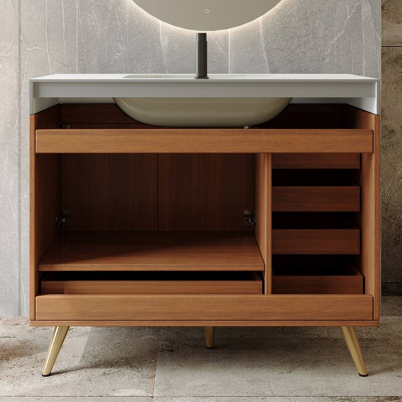 36" Freestanding Bathroom Vanity with Faux Marble Top, Ceramic Sink, 5 Drawers & Stainless Steel Legs