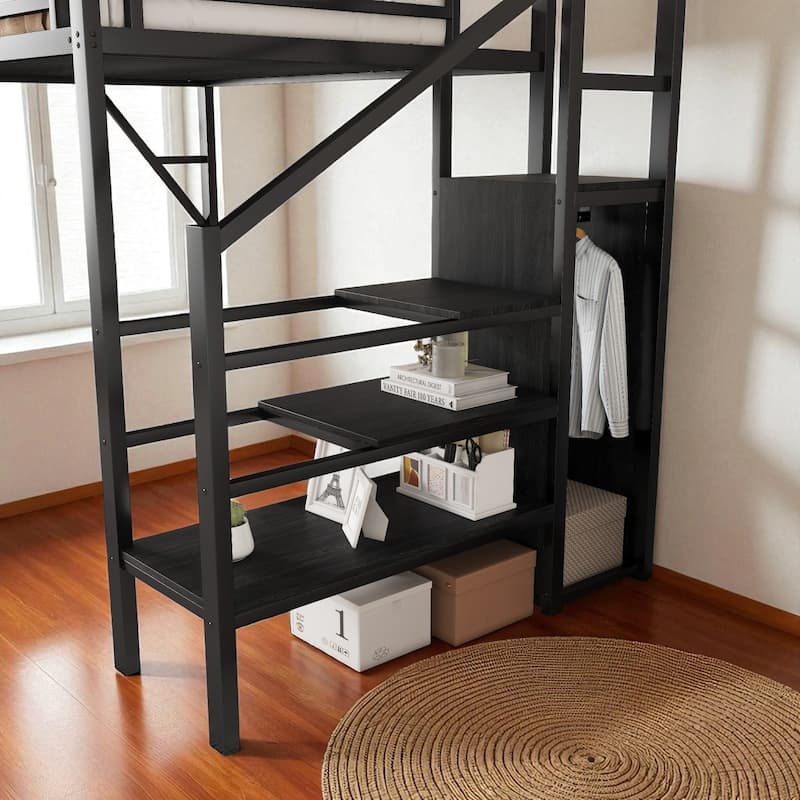 Twin Size Loft Bed with Stairs and Storage Shelves, Metal High Loft Bed with Wardrobe for Kids and Teens