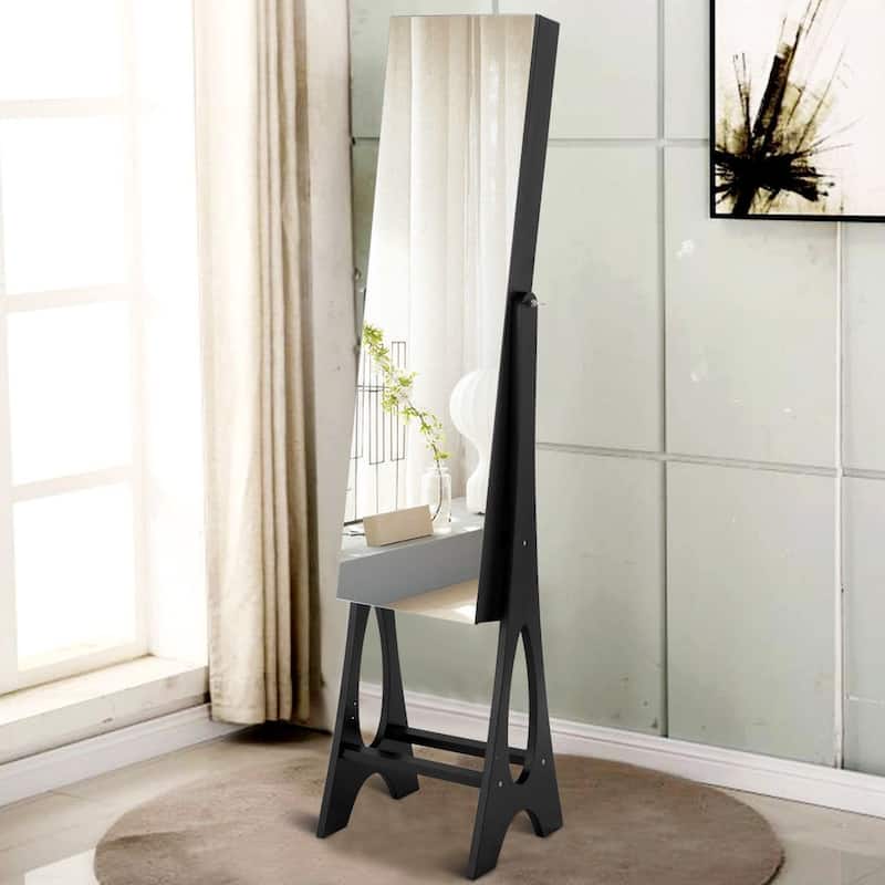 Black Standing Mirror Jewelry Cabinet with 3 Angle Tilting Positions and 5 Lined Shelves - 14.5" x 13.5" x 61" (L x W x H)
