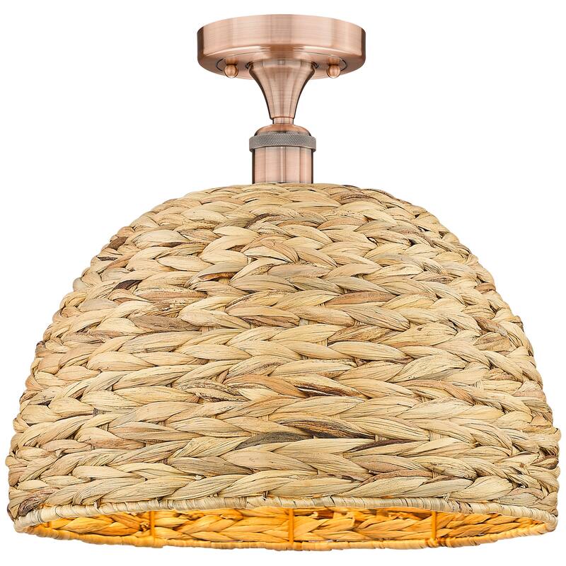 Innovations Lighting 616-1F-14-16 Woven Rattan Semi-Flush Woven Rattan - Antique Copper / Natural