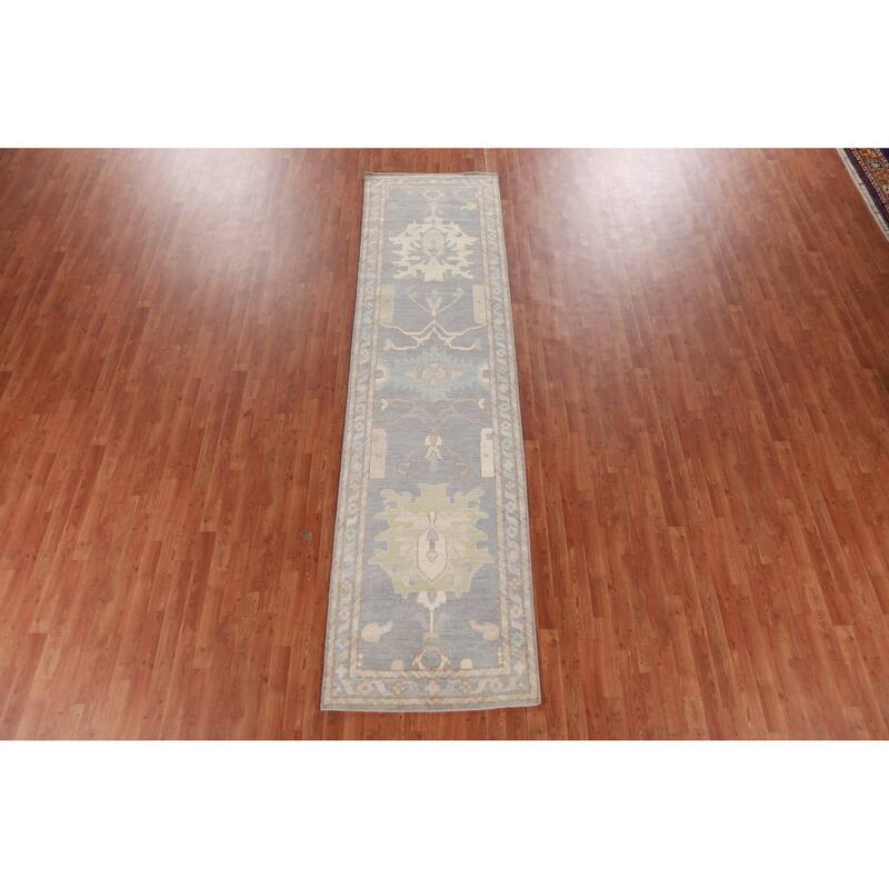 Hand Knotted Oriental 100% Wool Carpet Transitional Floral Greys & Charcoal Oushak Runner Rug - 11' 10'' X 3' 0''