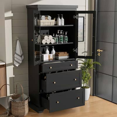 Modern High Freestanding Tall Bathroom Cabinet with 2 Adjustable Shelves,3 Drawers