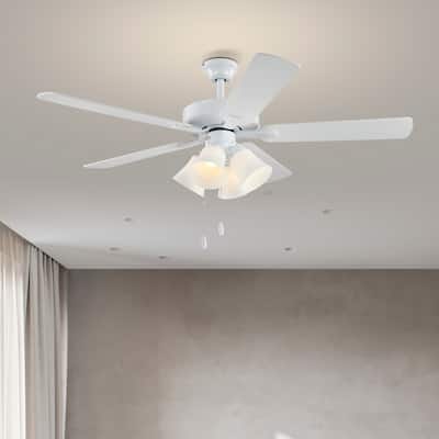 White 52 in. Indoor 5-Blade Farmhouse Reversible Ceiling Fan with Light Kit and Pull Chain - 52 in. Dia x 18.7 in. H