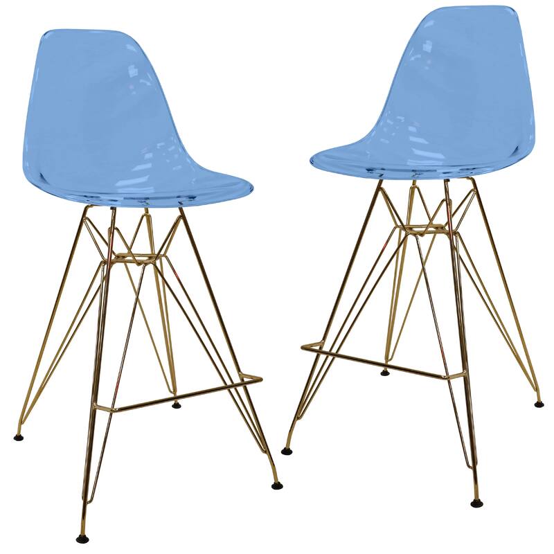 Cresco Acrylic Bar Stool with Gold Chrome Steel Base and Footrest - Counter Height Chair for Kitchen or Dining Area Set of 2 - Transparent Blue