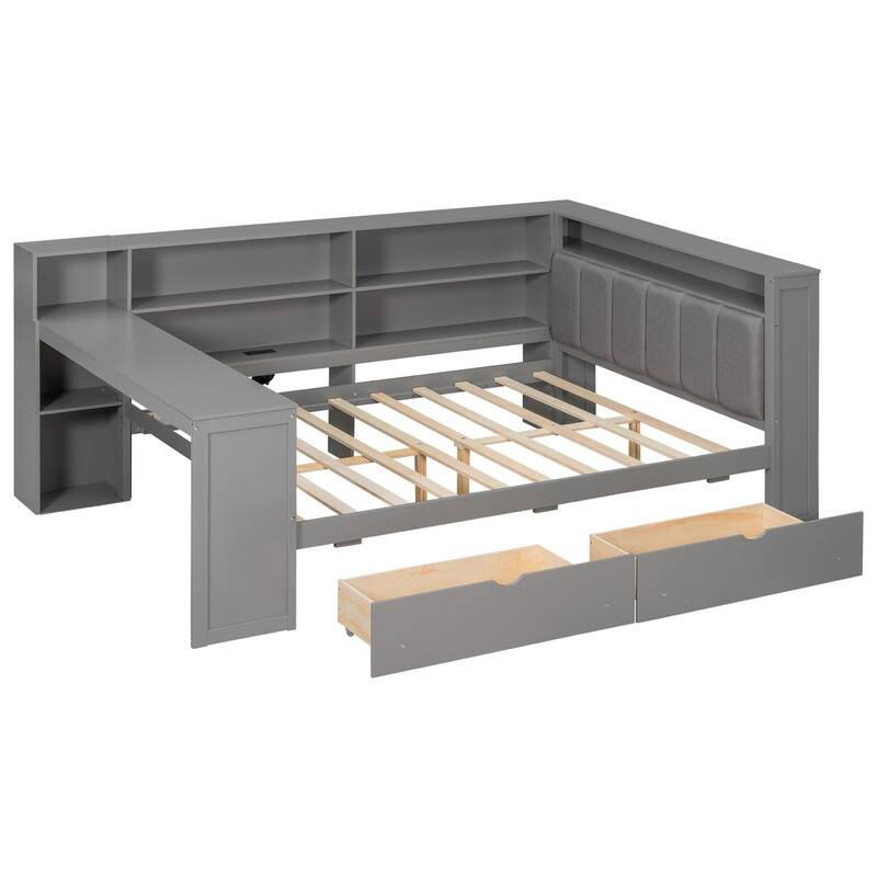Twin/Full Size Daybed with LED Light, Side Desk and 2 Drawers, Wooden Sofa Bed with Storage Shelves and Upholstered Headboard