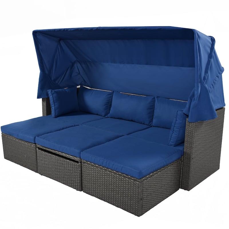 4-Piece Outdoor Wicker Sectional Patio Daybed with Canopy and Ottoman