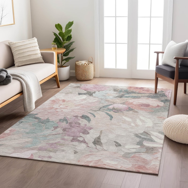 Machine Washable Indoor/ Outdoor Watercolor Floral Chantille Rug