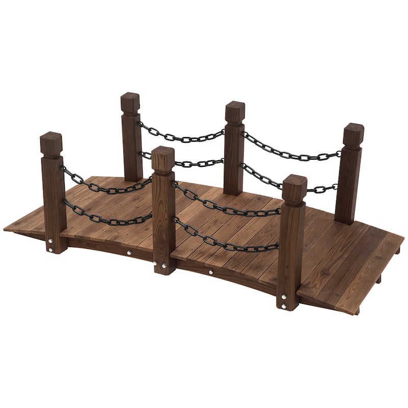 Outsunny 5ft Wooden Garden Bridge Arc Stained Finish Walkway with Chain Railings, Stained Wood