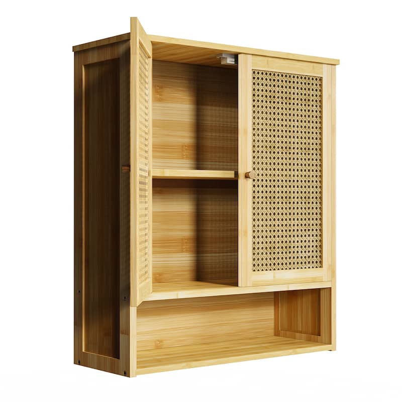 Floating Rattan Bamboo Bathroom Wall Cabinet Storage Cupboard
